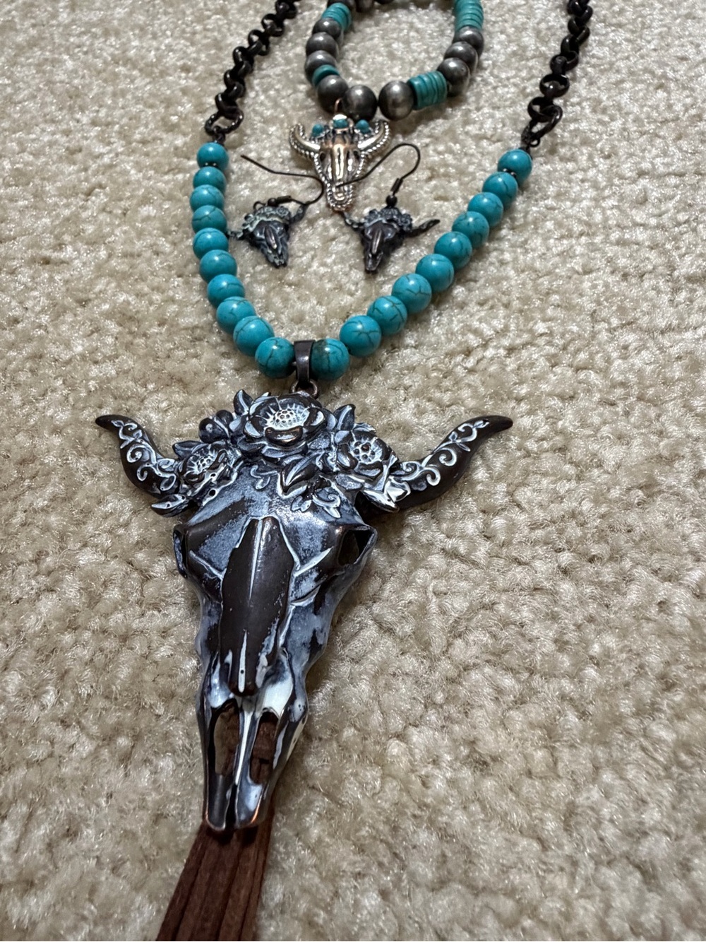 Turquoise Bead Bull Skull Pendant Necklace Set - Women Jewelry